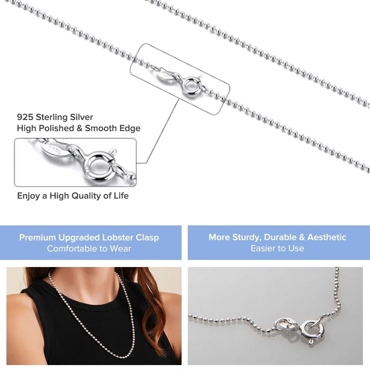 Solid 925 Sterling Silver Bead Ball Chain Necklace – Unisex – 1mm to 6mm - Made in Italy