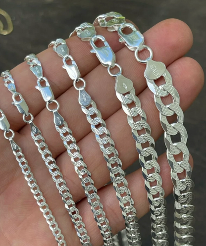 Real 925 Sterling Silver Diamond Cut Curb Cuban Chain Necklace or Bracelet – Made in Italy