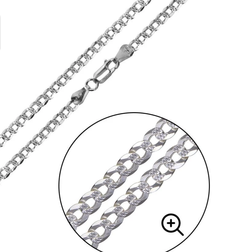 Real 925 Sterling Silver Diamond Cut Curb Cuban Chain Necklace or Bracelet – Made in Italy