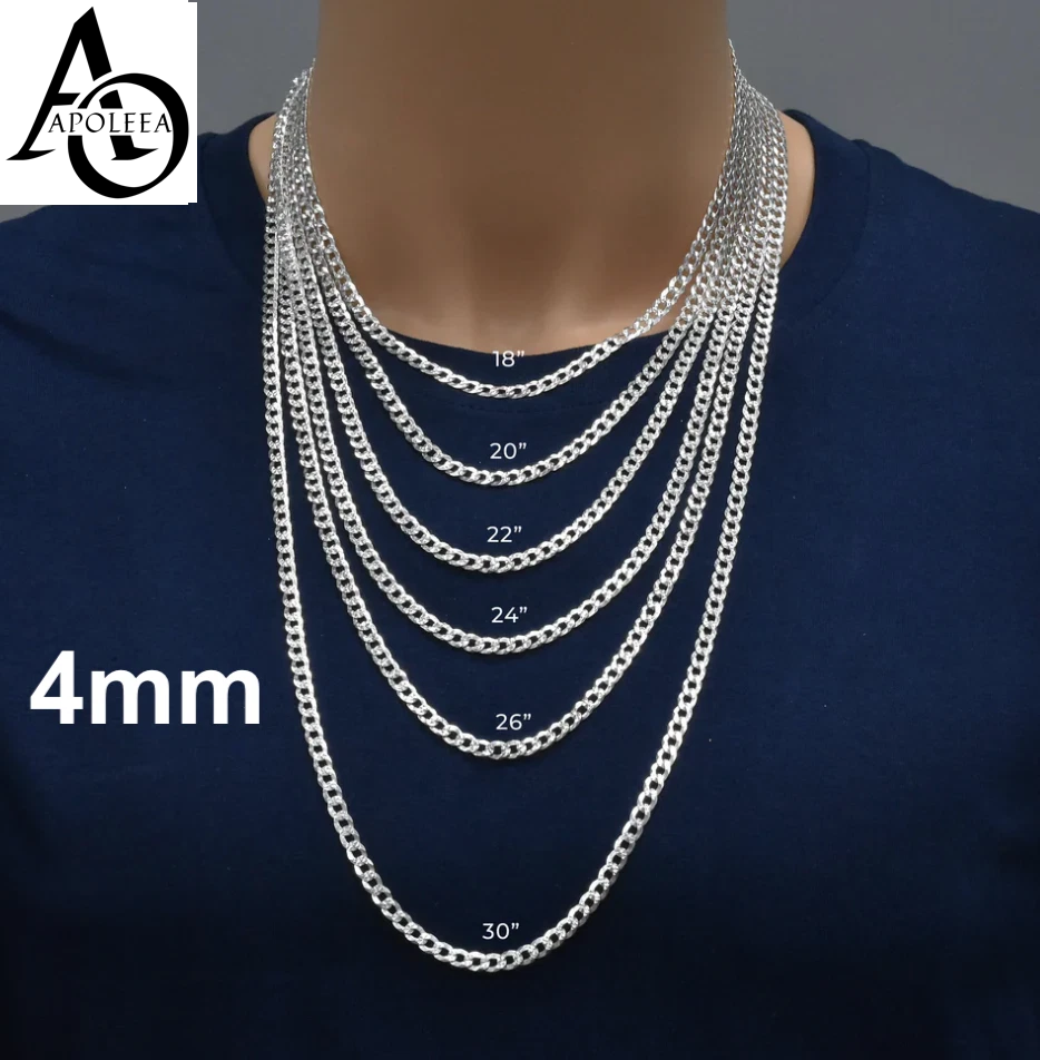 Real 925 Sterling Silver Diamond Cut Curb Cuban Chain Necklace or Bracelet – Made in Italy