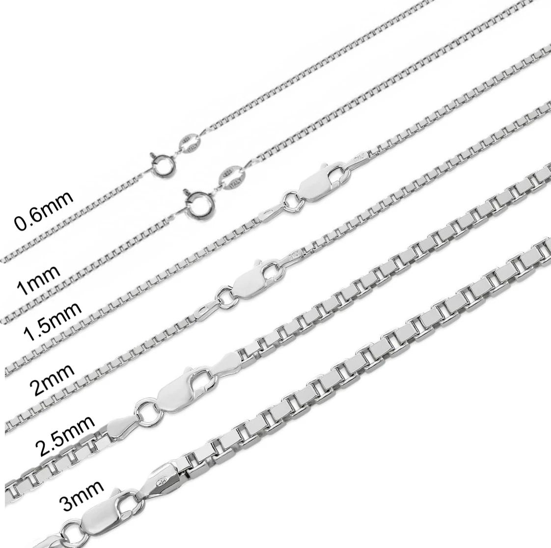 925 Sterling Silver Square Box Link Chain & Bracelet Italy 0.6 to 2mm UNISEX Made in Italy