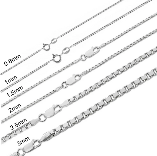 925 Sterling Silver Square Box Link Chain & Bracelet Italy 0.6 to 2mm UNISEX Made in Italy