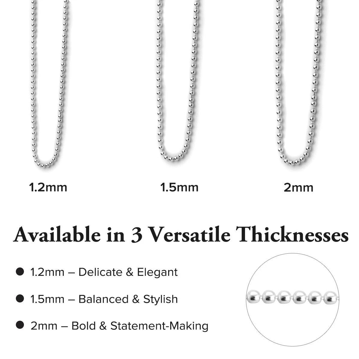 Solid 925 Sterling Silver Bead Ball Chain Necklace – Unisex – 1mm to 6mm - Made in Italy