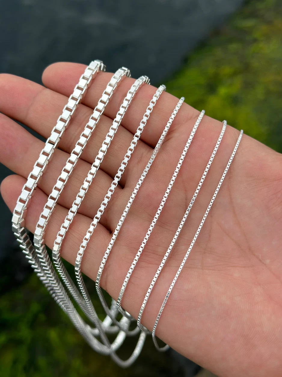 925 Sterling Silver Square Box Link Chain & Bracelet Italy 0.6 to 2mm UNISEX Made in Italy