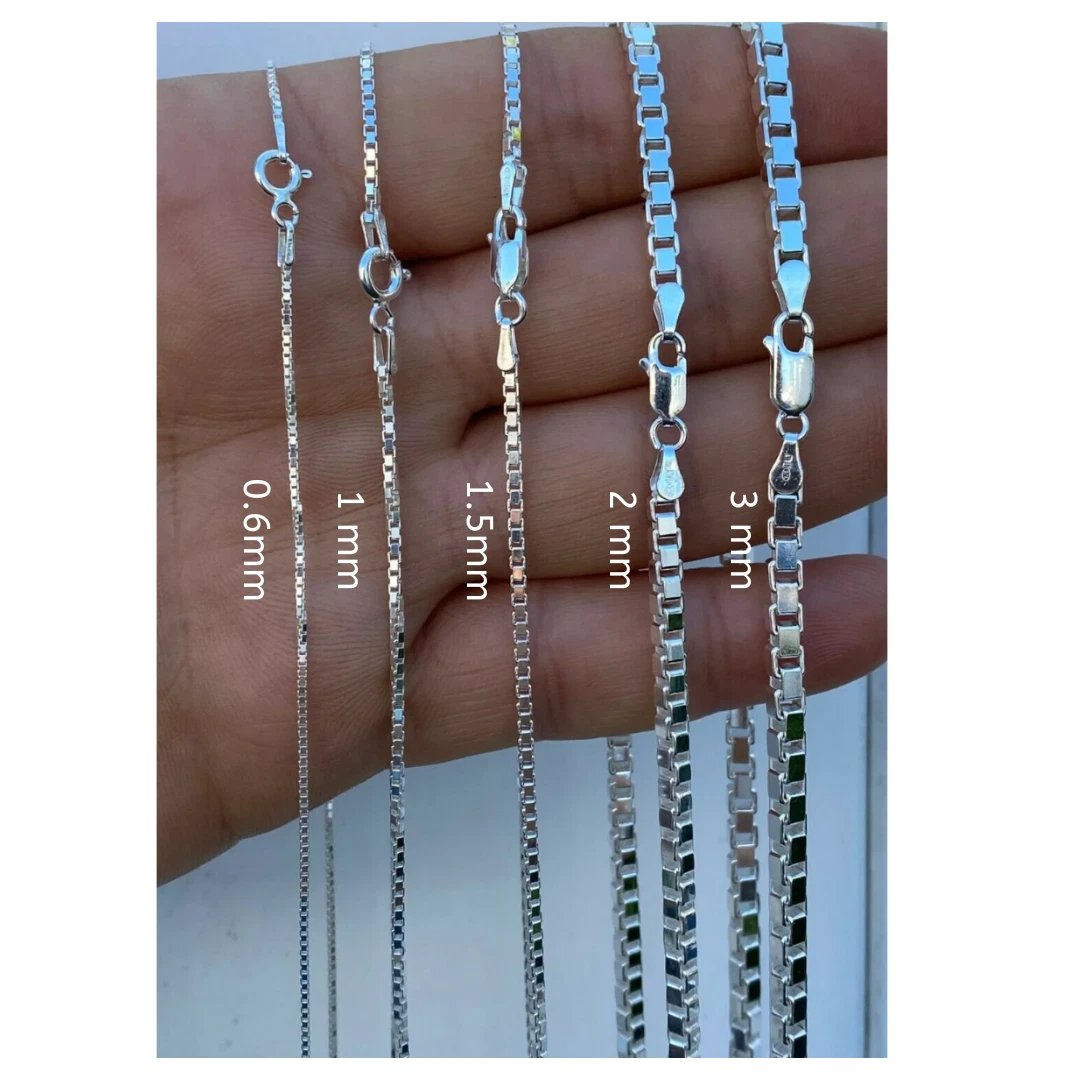 925 Sterling Silver Square Box Link Chain & Bracelet Italy 0.6 to 2mm UNISEX Made in Italy