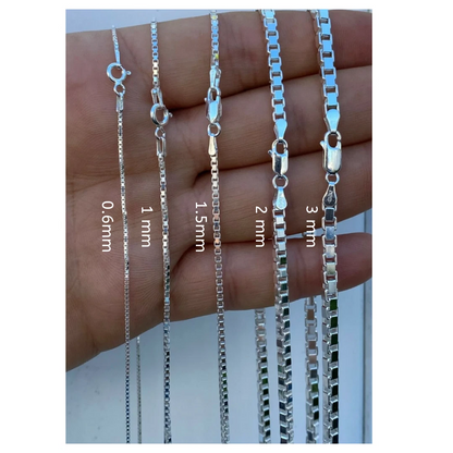925 Sterling Silver Square Box Link Chain & Bracelet Italy 0.6 to 2mm UNISEX Made in Italy