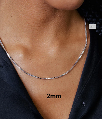925 Sterling Silver Square Box Link Chain & Bracelet Italy 0.6 to 2mm UNISEX Made in Italy