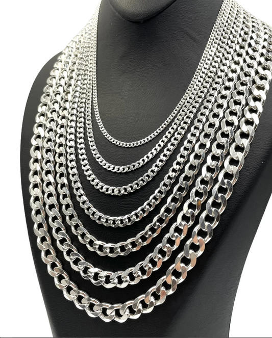 Real 925 Sterling Silver Flat Curb Cuban Chain Necklace or Bracelet – 1mm to 16.5mm Made in Italy