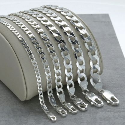 Real 925 Sterling Silver Flat Curb Cuban Chain Necklace or Bracelet – 1mm to 16.5mm Made in Italy