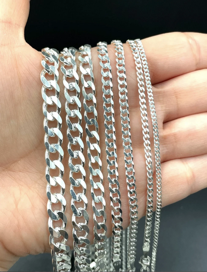 Real 925 Sterling Silver Flat Curb Cuban Chain Necklace or Bracelet – 1mm to 16.5mm Made in Italy