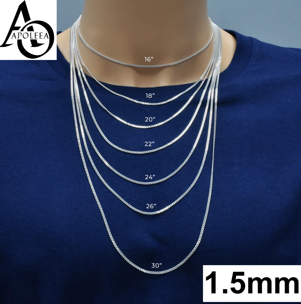 Real 925 Sterling Silver Flat Curb Cuban Chain Necklace or Bracelet – 1mm to 16.5mm Made in Italy