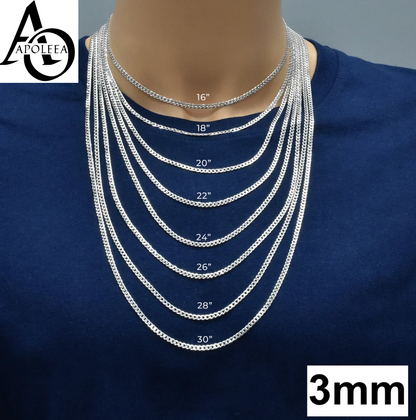Real 925 Sterling Silver Flat Curb Cuban Chain Necklace or Bracelet – 1mm to 16.5mm Made in Italy
