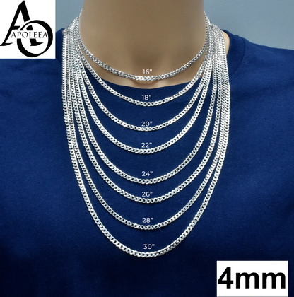 Real 925 Sterling Silver Flat Curb Cuban Chain Necklace or Bracelet – 1mm to 16.5mm Made in Italy