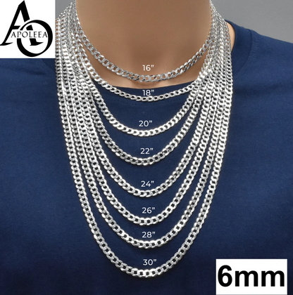 Real 925 Sterling Silver Flat Curb Cuban Chain Necklace or Bracelet – 1mm to 16.5mm Made in Italy
