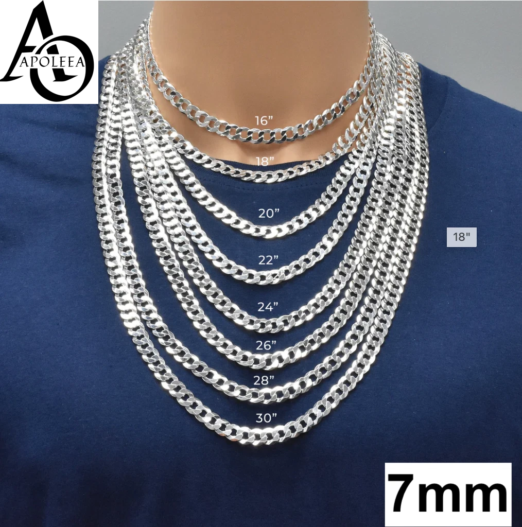 Real 925 Sterling Silver Flat Curb Cuban Chain Necklace or Bracelet – 1mm to 16.5mm Made in Italy