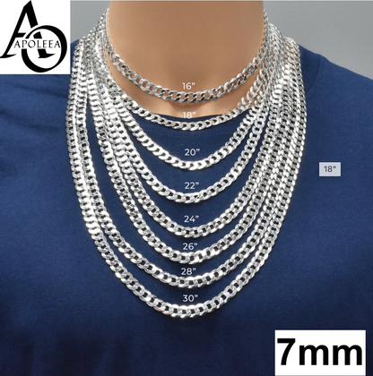Real 925 Sterling Silver Flat Curb Cuban Chain Necklace or Bracelet – 1mm to 16.5mm Made in Italy