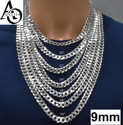 Real 925 Sterling Silver Flat Curb Cuban Chain Necklace or Bracelet – 1mm to 16.5mm Made in Italy