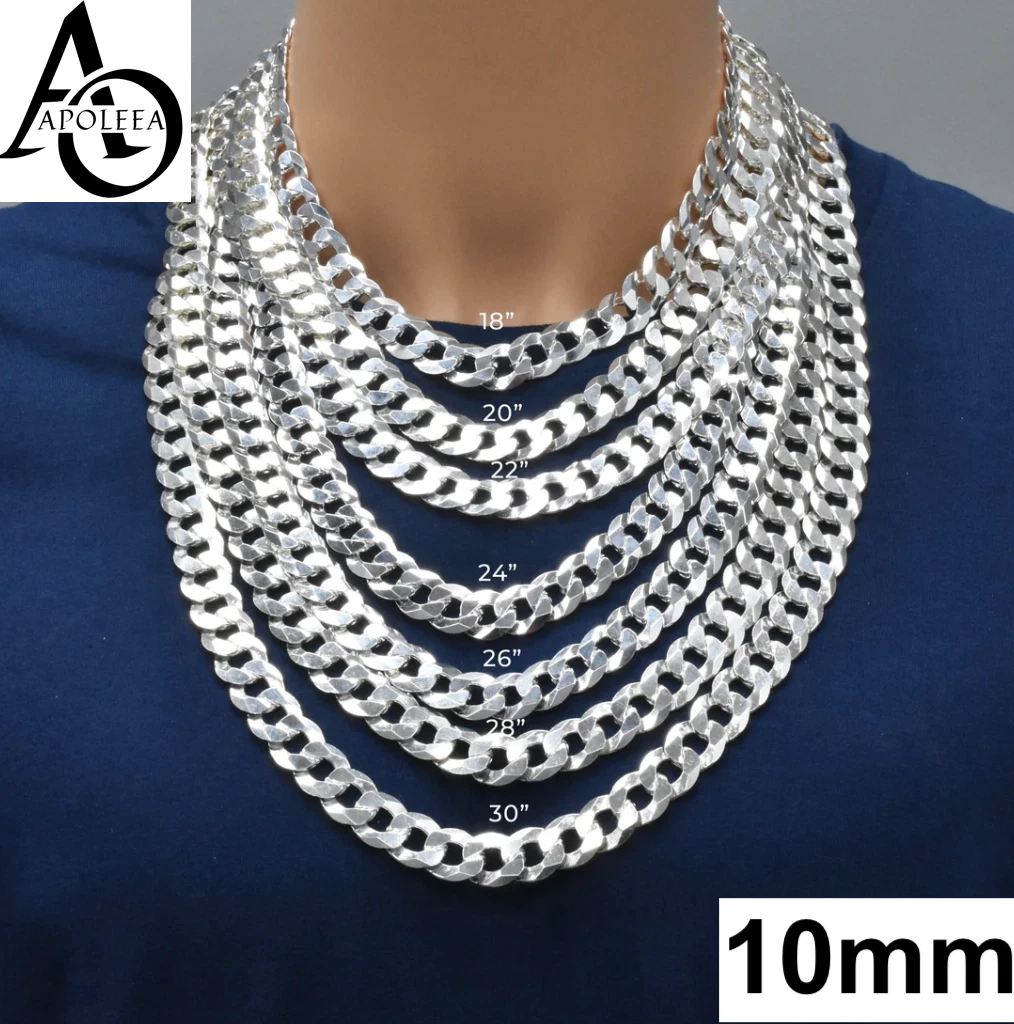 Real 925 Sterling Silver Flat Curb Cuban Chain Necklace or Bracelet – 1mm to 16.5mm Made in Italy