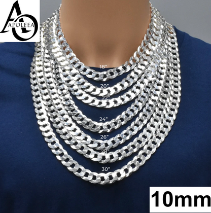 Real 925 Sterling Silver Flat Curb Cuban Chain Necklace or Bracelet – 1mm to 16.5mm Made in Italy