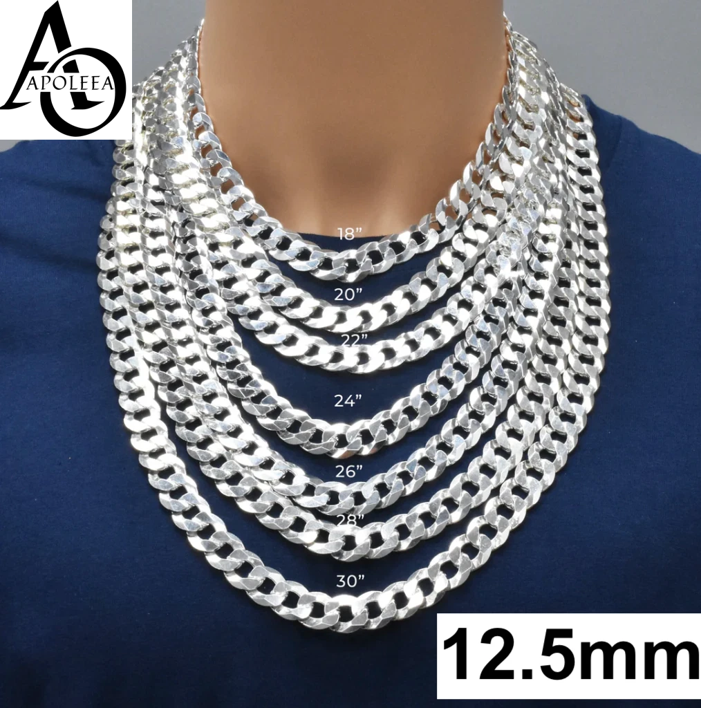 Real 925 Sterling Silver Flat Curb Cuban Chain Necklace or Bracelet – 1mm to 16.5mm Made in Italy