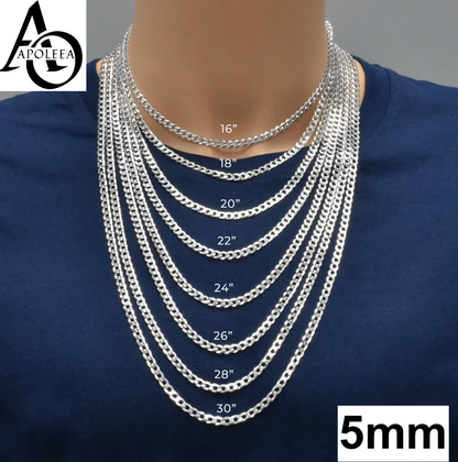 Real 925 Sterling Silver Flat Curb Cuban Chain Necklace or Bracelet – 1mm to 16.5mm Made in Italy