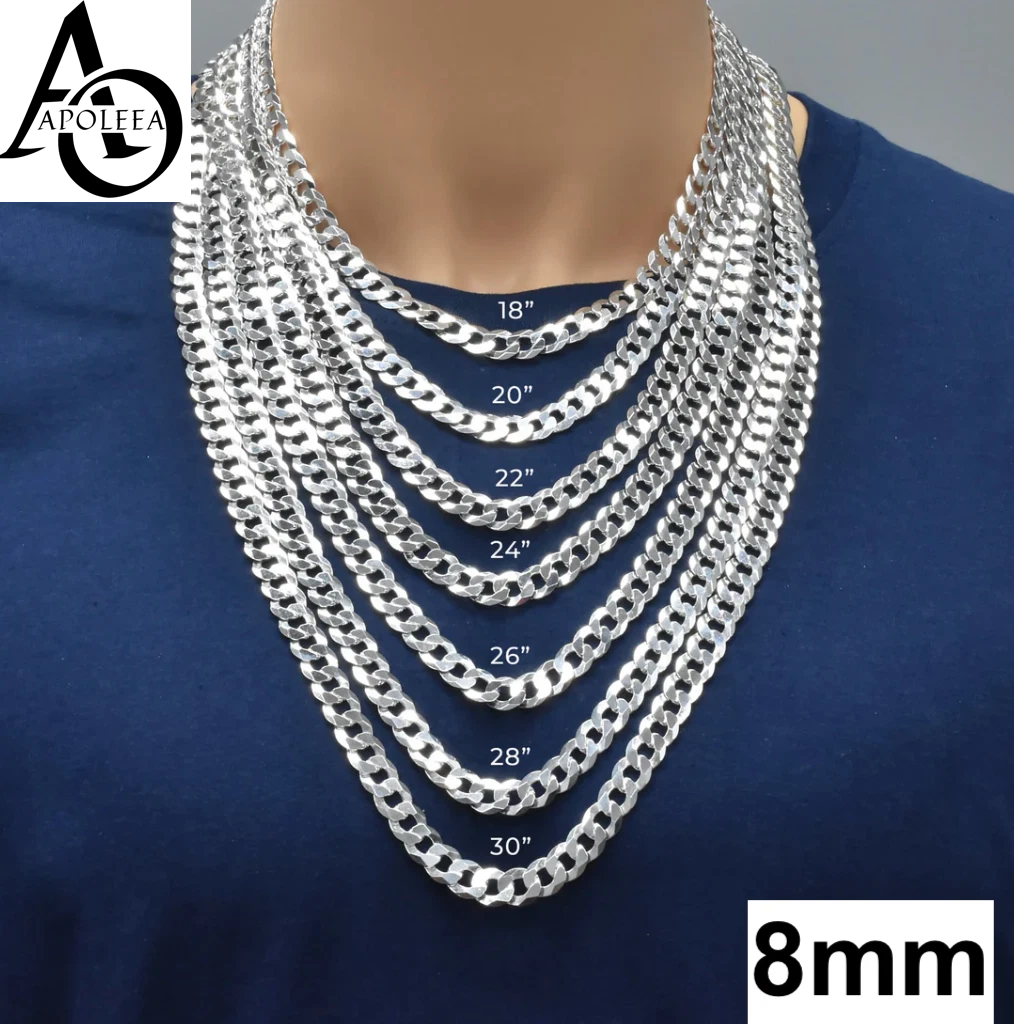 Real 925 Sterling Silver Flat Curb Cuban Chain Necklace or Bracelet – 1mm to 16.5mm Made in Italy
