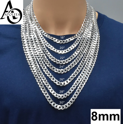 Real 925 Sterling Silver Flat Curb Cuban Chain Necklace or Bracelet – 1mm to 16.5mm Made in Italy