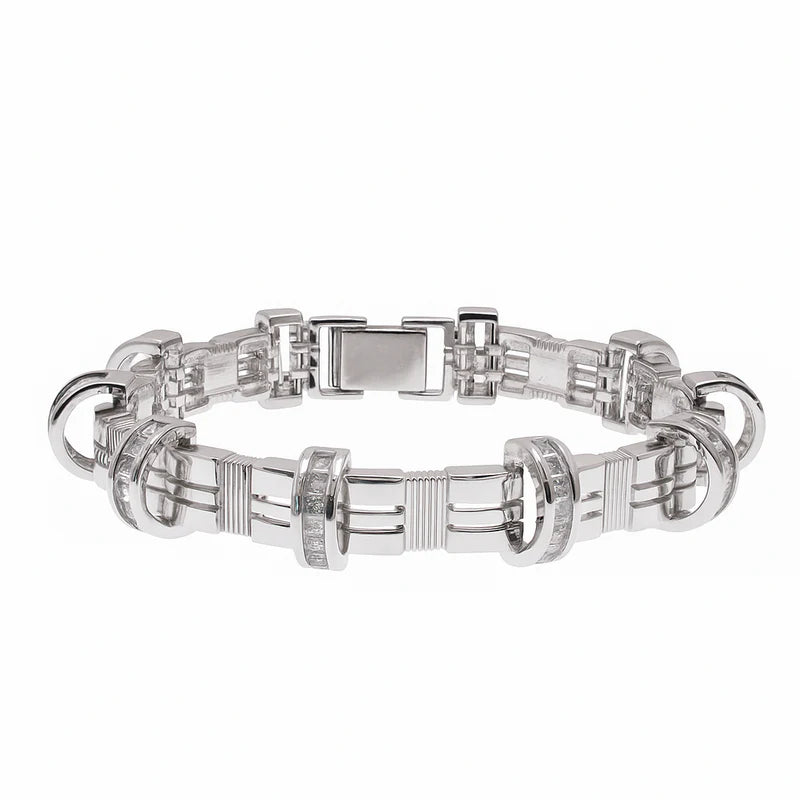 Rhodium Plated 925 Sterling Silver CZ Encrusted Arc Men's Bracelet