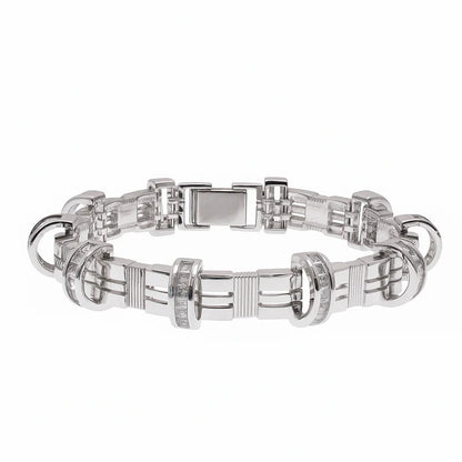 Rhodium Plated 925 Sterling Silver CZ Encrusted Arc Men's Bracelet
