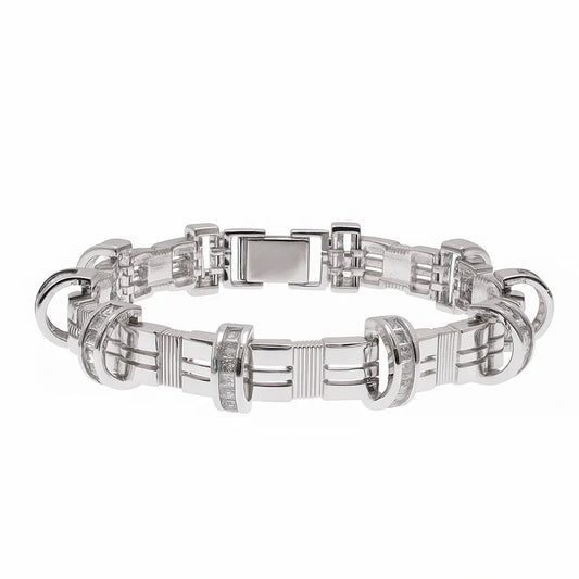Rhodium Plated 925 Sterling Silver CZ Encrusted Arc Men's Bracelet