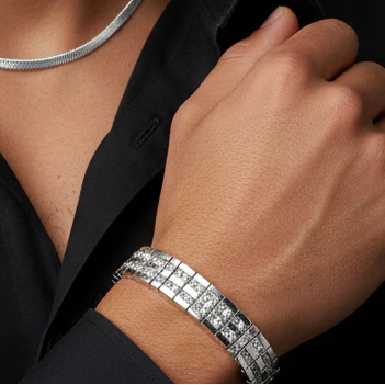 Rhodium Plated 925 Sterling Silver Clear 2 Row CZ Men's Hip Hop Bracelet