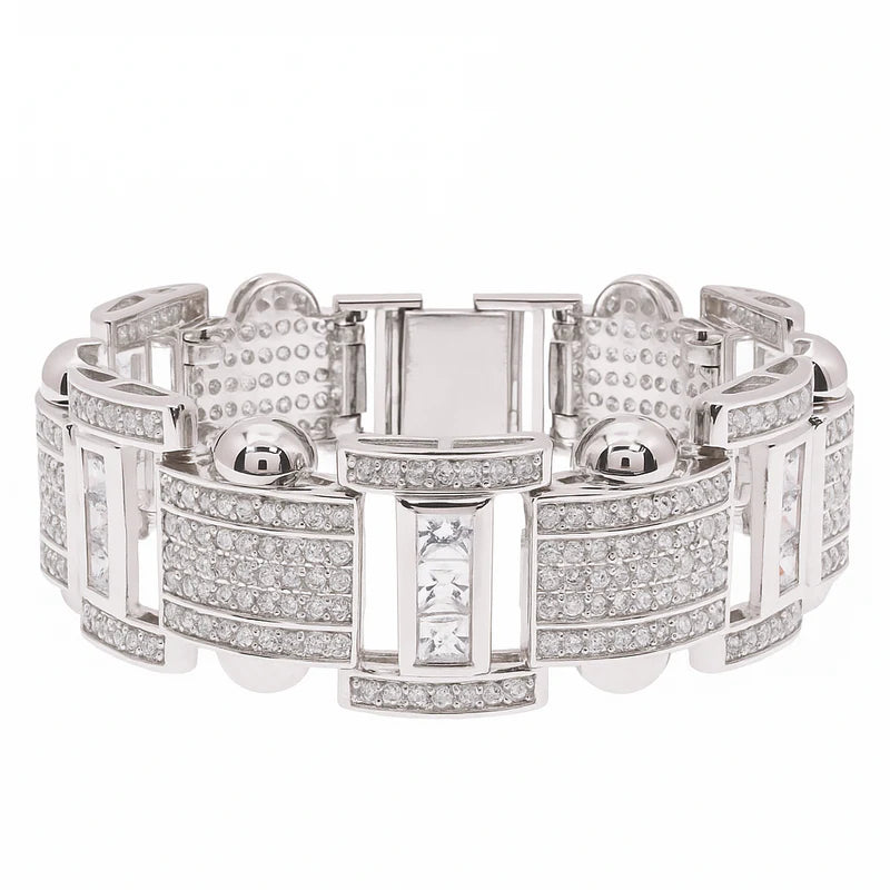Men's Rhodium Plated 925 Sterling Silver Link Clear Square and Round CZ Studded 20mm Bracelet