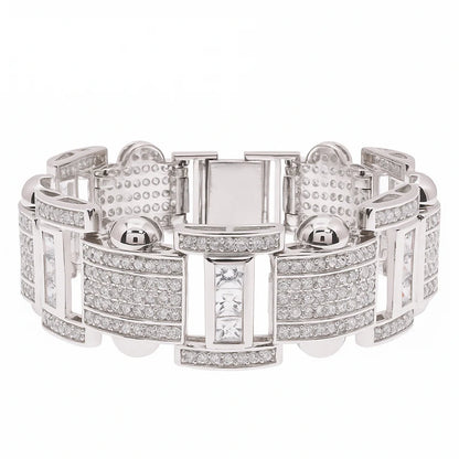 Men's Rhodium Plated 925 Sterling Silver Link Clear Square and Round CZ Studded 20mm Bracelet