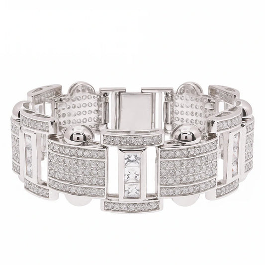 Men's Rhodium Plated 925 Sterling Silver Link Clear Square and Round CZ Studded 20mm Bracelet