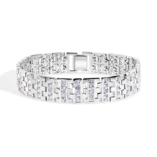 Men's Rhodium Plated 925 Sterling Silver Interlocking Clear Square CZ Studded 15mm Bracelet